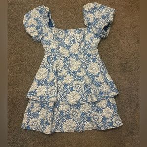 Shein Floral Pattern Square Neck Puff Sleeve Layered Hem Dress